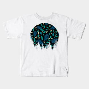 Exotic Turquoise Floral Pattern with Black Background Kids T-Shirt